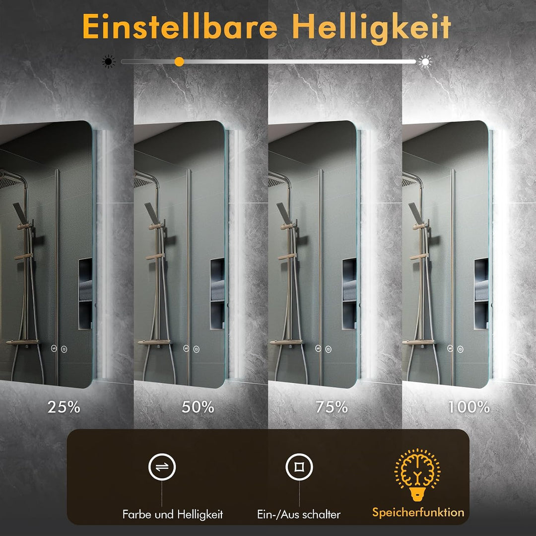 Badspiegel mit Beleuchtung, 100x60cm LED Spiegel mit Licht, 3 Lichtfarben, Dimmbar, Speicherfunktion