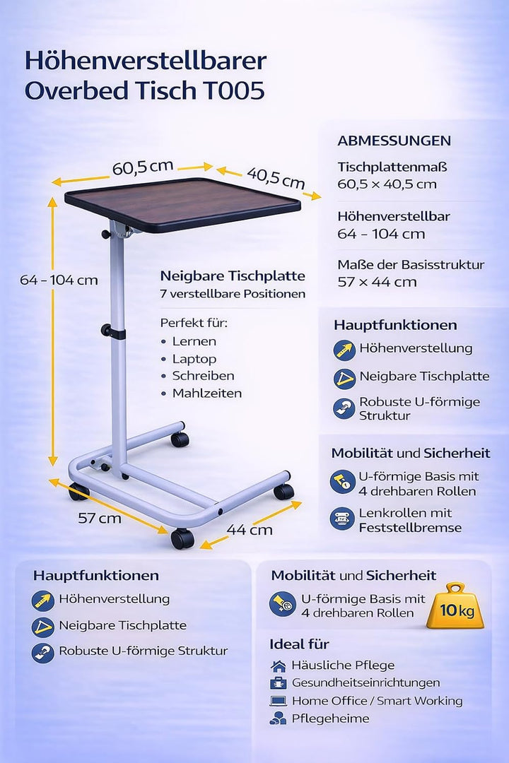 DynaSun Höhenverstellbarer Beistelltisch Pflegebett-Tisch T005 – 64–104 cm, 7-Fach neigbare Tischpla