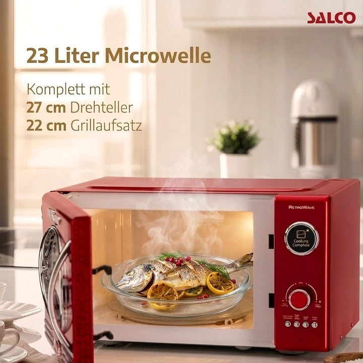 Salco Mikrowelle 2 in 1 – Retro-Style mit Grillfunktion - 23 l Garraum, metallic-rot, 900 W - 12 Fun