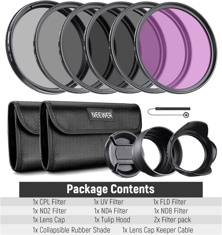 NEEWER Objektiv Filter Set 58mm UV CPL und ND Filters(ND2, ND4, ND8) FLD Filter, Tulpenförmiger Blen