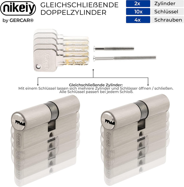 GERCAR Pro 2x Schliesszylinder 30/30 gleichschliessend Set 2 Profilzylinder inkl. 10 Schlüssel - 60