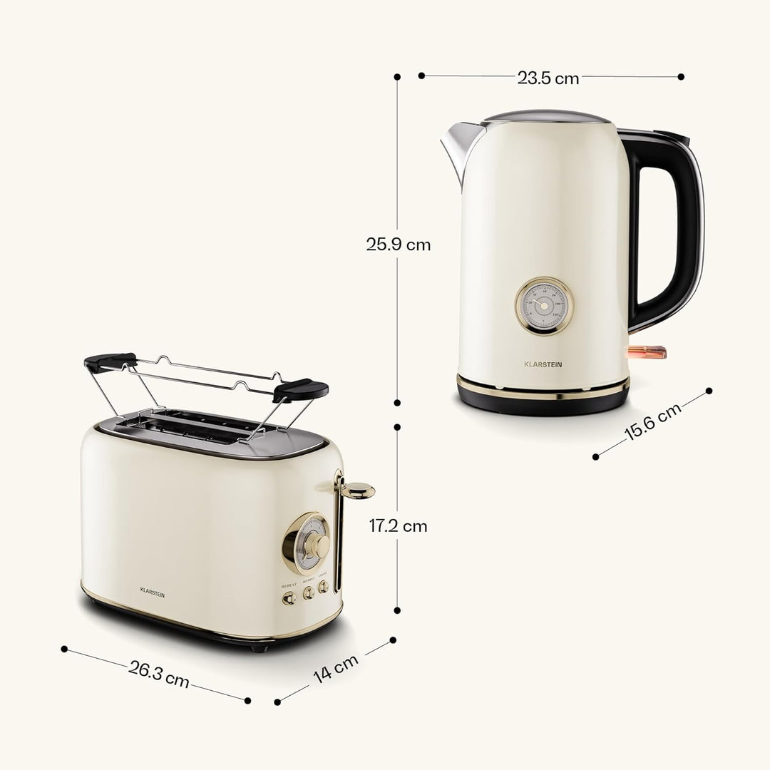 Klarstein Victoria Toaster Wasserkocher Set, Retro Design, 2 Scheiben Toaster mit 7 Bräunungsstufen