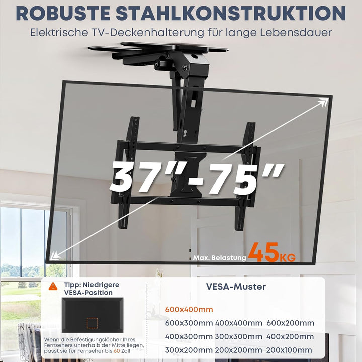 TV-Deckenhalterung Elektrisch für 37-75 Zoll - TV Halterung Decke Elektrisch Klappbar, Neigbar, Mit