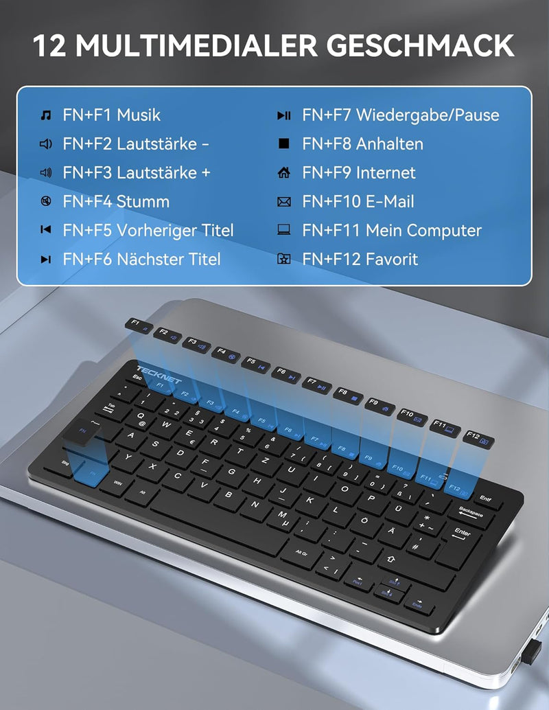 TECKNET Slim Kabellose Tastatur, Deutsches Layout, 78 Tasten Mini Wireless Tastatur mit Nano USB Emp