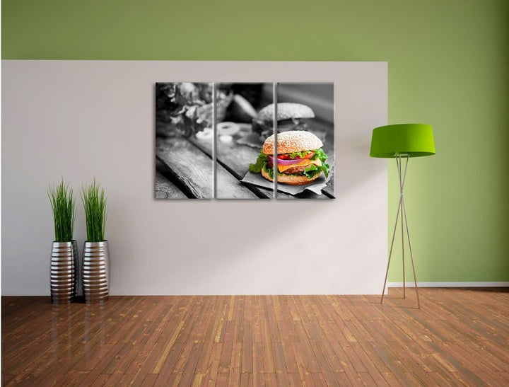 Pixxprint Leckere Burger als Leinwandbild | Grösse: 3 Teilig (120x80) | Wandbild| Kunstdruck | ferti
