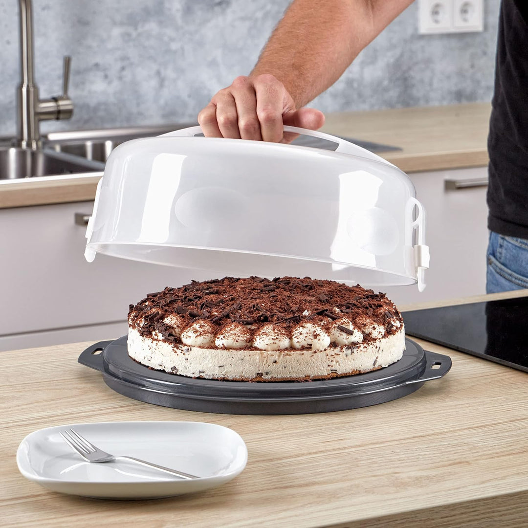 Grizzly runde Kuchen-Transportbox mit Klick-Verschluss, Tortenhaube mit Stückeinteilungshilfe, Torte