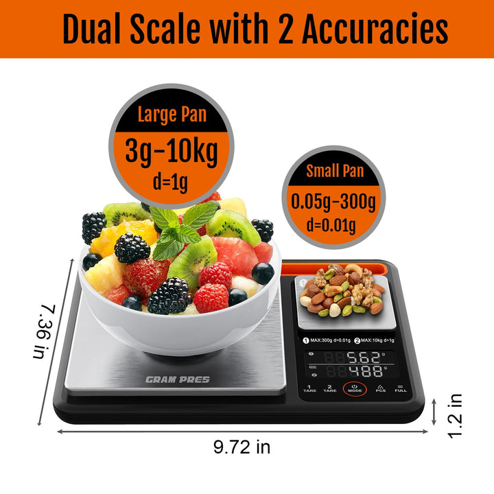 GRAM PRES Duale Plattform Digitale Küchen- und Lebensmittelwaage 0,01g/300g &amp; 1g/10kg，Digitales Gewi