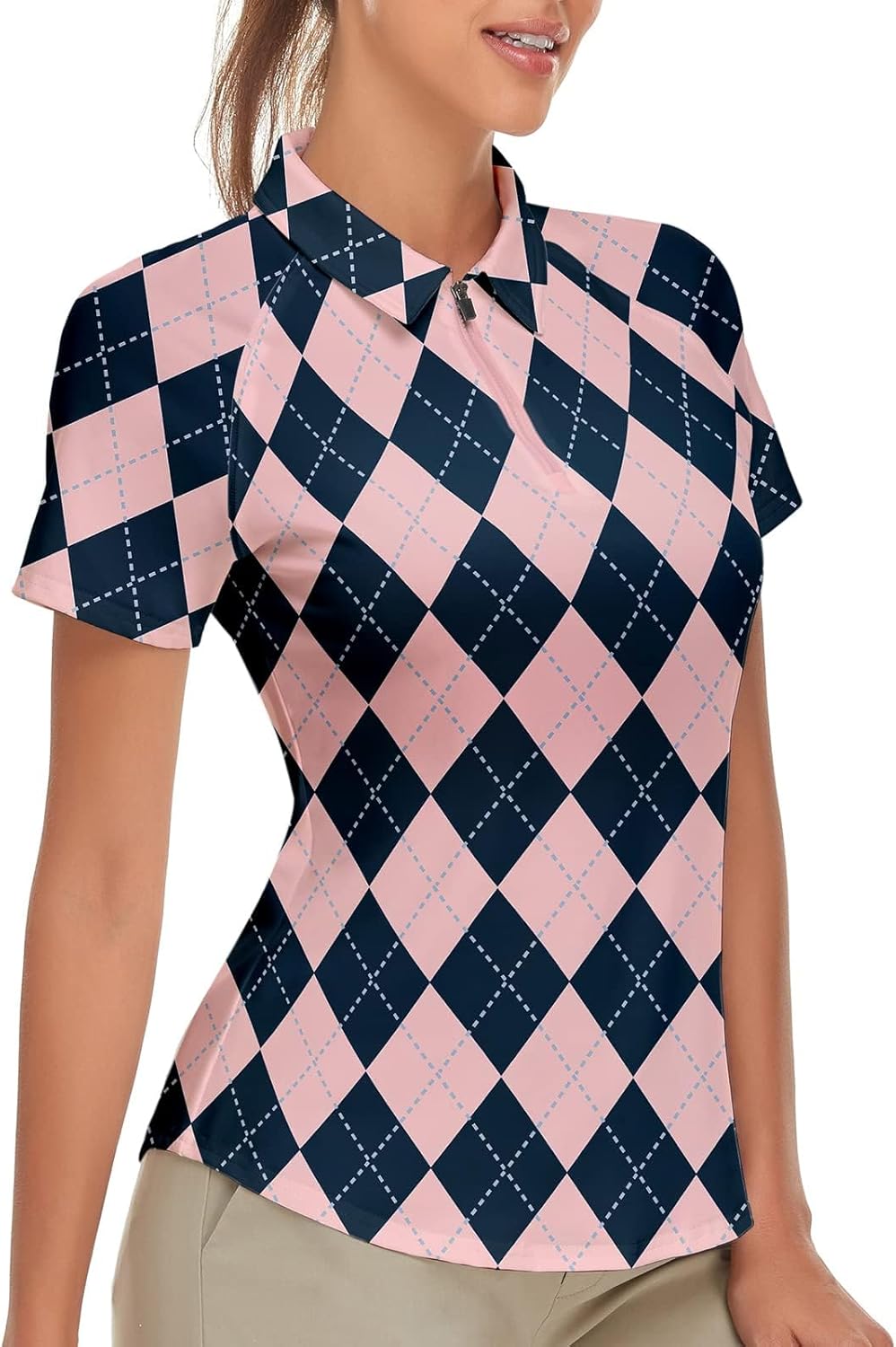 Soneven Atmungsaktiv Poloshirt Damen Leichtes Sportshirt Tailliert Karierte Bluse UPF 50+ Kurzarm 1/