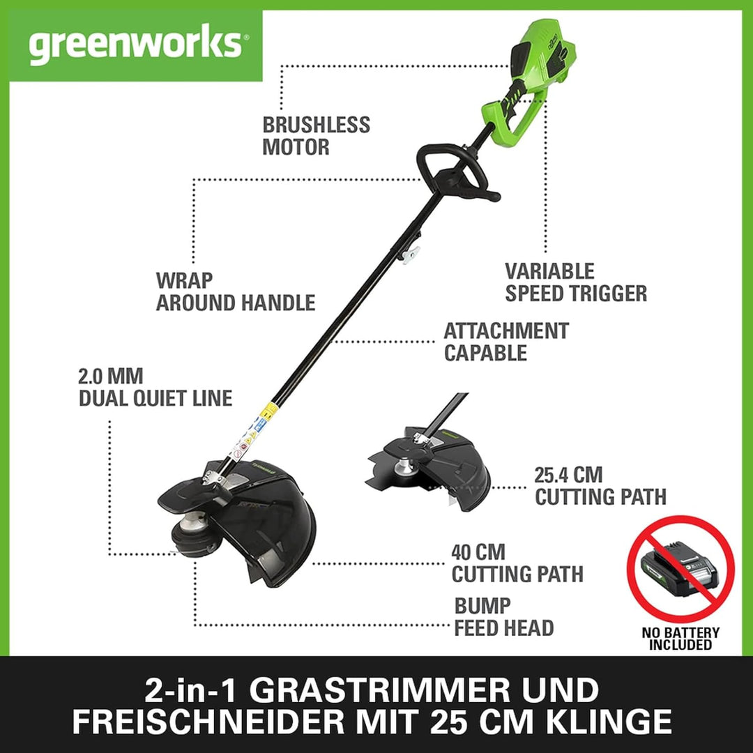 Greenworks GD40BC Akku Freischneider mit bürstenlosem Motor, Geschirr, verstellbarer Höhe, 40 cm Sch