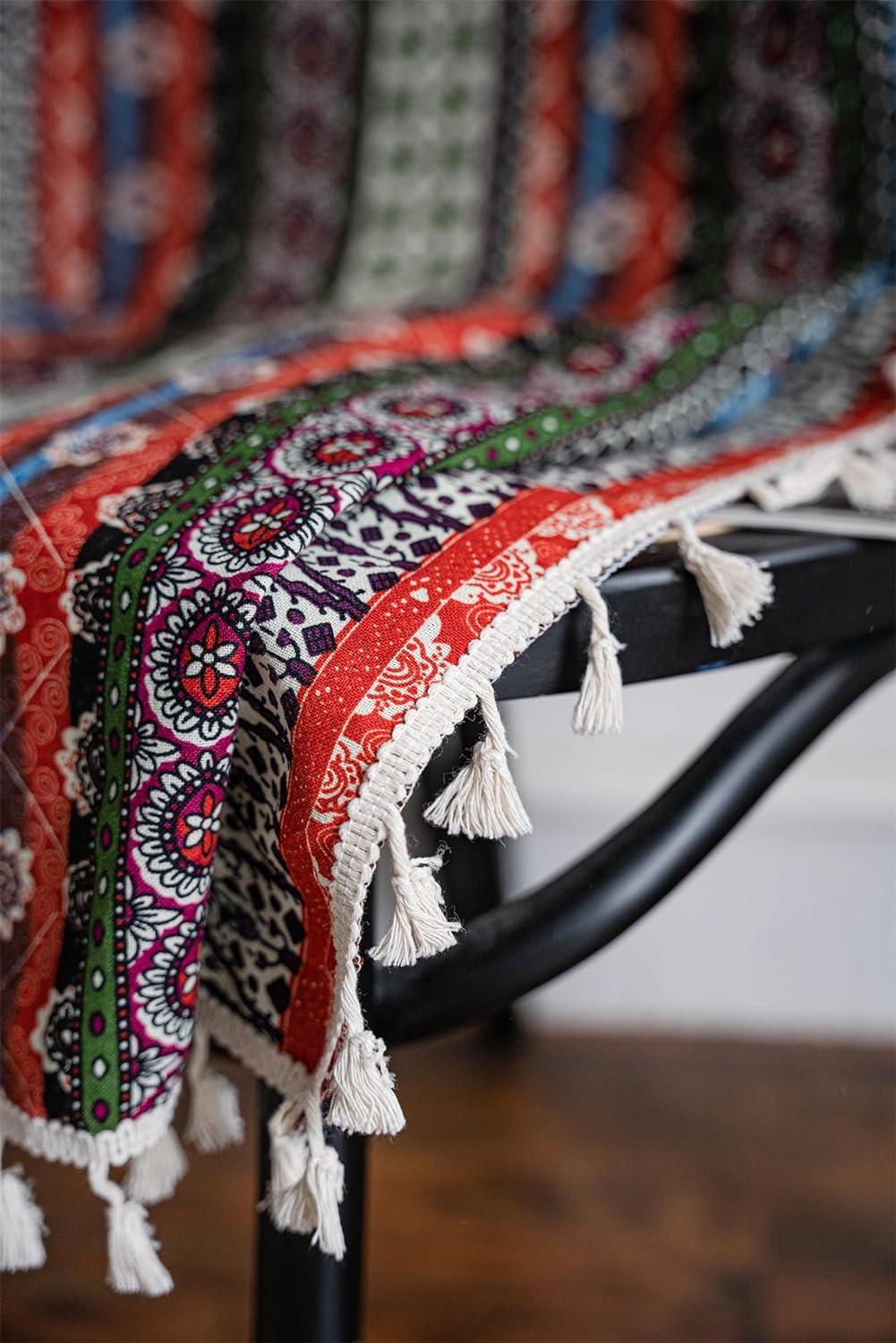 Freyamy Boho Vorhänge 2er Set Gardinen mit Beige Quasten Baumwolle Leinen Halbverdunkelungsvorhänge