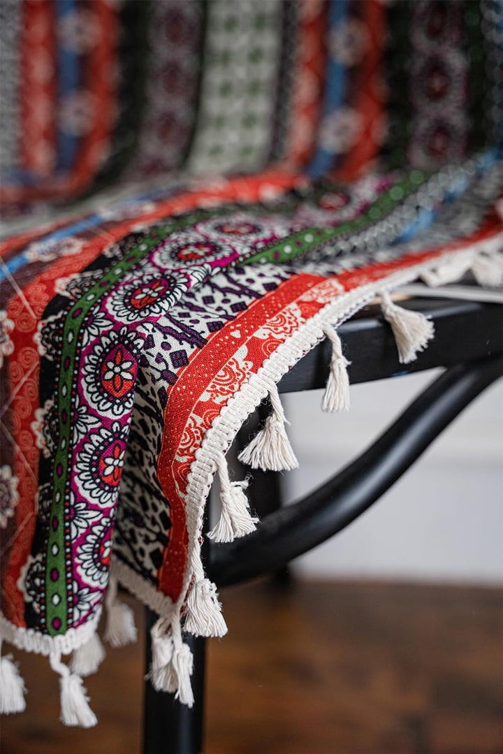 Freyamy Boho Vorhänge 2er Set Gardinen mit Beige Quasten Baumwolle Leinen Halbverdunkelungsvorhänge