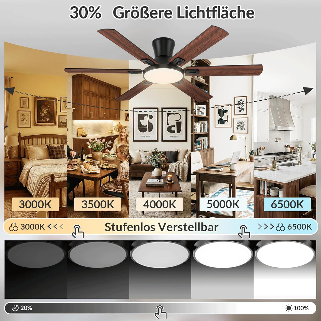 Newday Deckenventilatoren Flach Holz mit 6 Flügel, 132cm Gross Deckenventilator mit Beleuchtung und