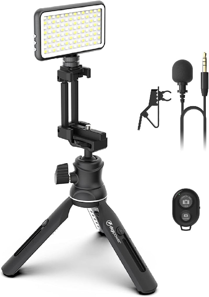 DigiPower Vlogging Kit Instructor mit LED Videoleuchte, Clip-on Lavalier Mikrofon, Handy + Kamera Ha