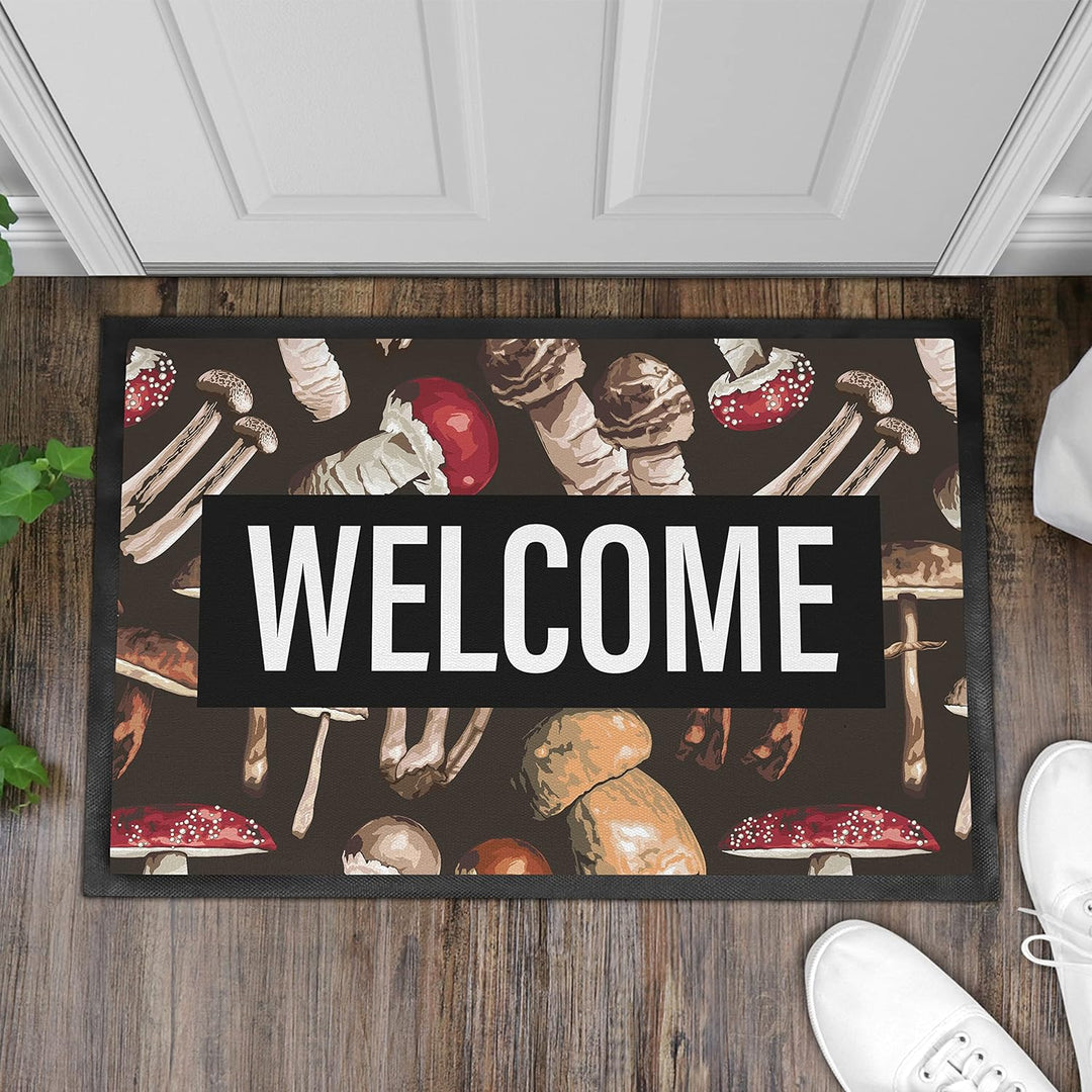 Trendation - Welcome Fussmatte Pilze Wald Muster Willkommen Geschenk Aussen Innenbereich 60x40 cm Sc