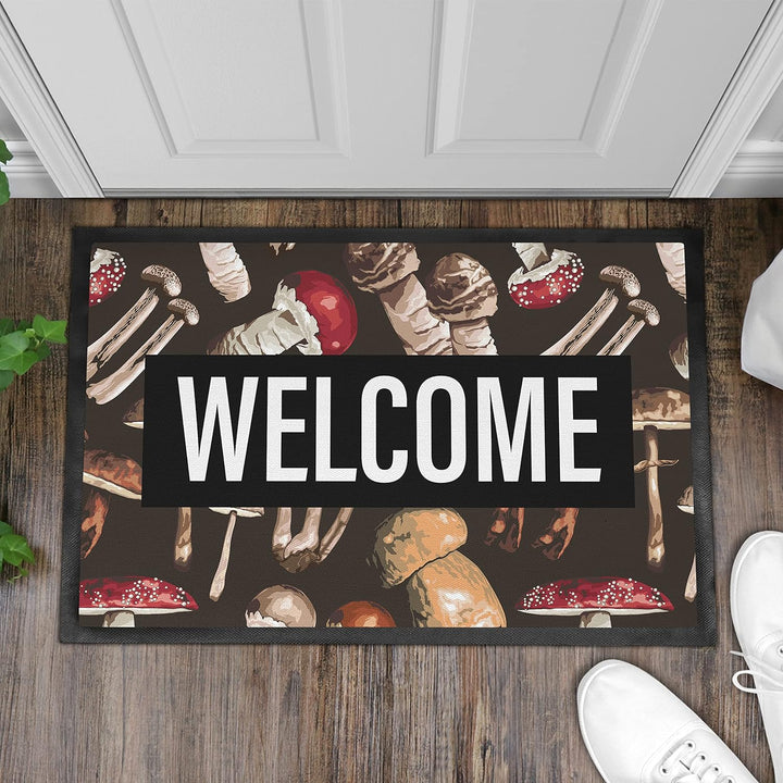 Trendation - Welcome Fussmatte Pilze Wald Muster Willkommen Geschenk Aussen Innenbereich 60x40 cm Sc