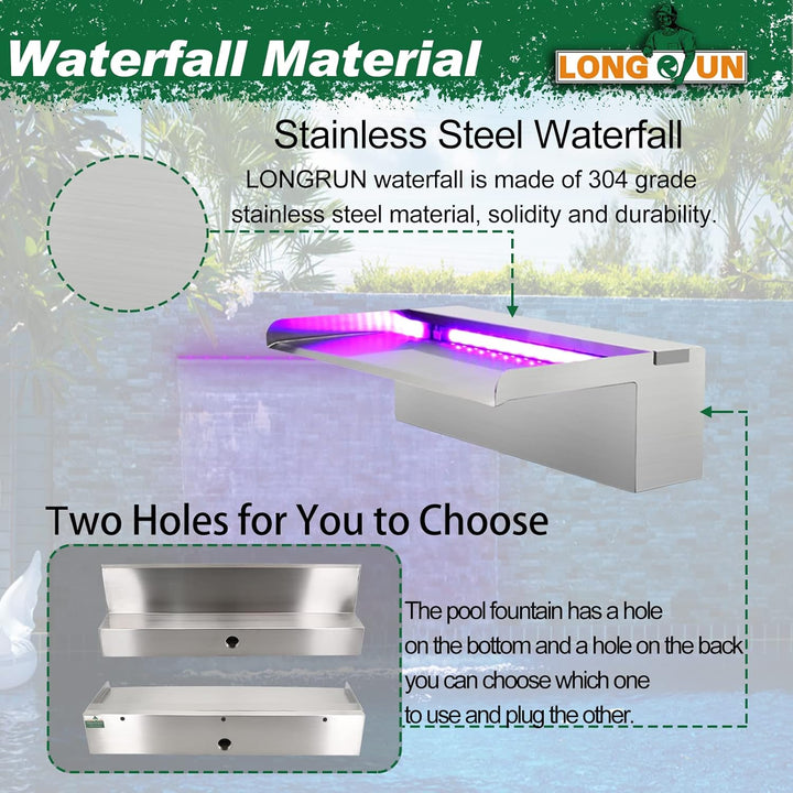 LONGRUN Edelstahl Wasserfall Überlauf, APP Kontrolle Multi-Farben LED-Licht Draussen Pool Brunnen, K