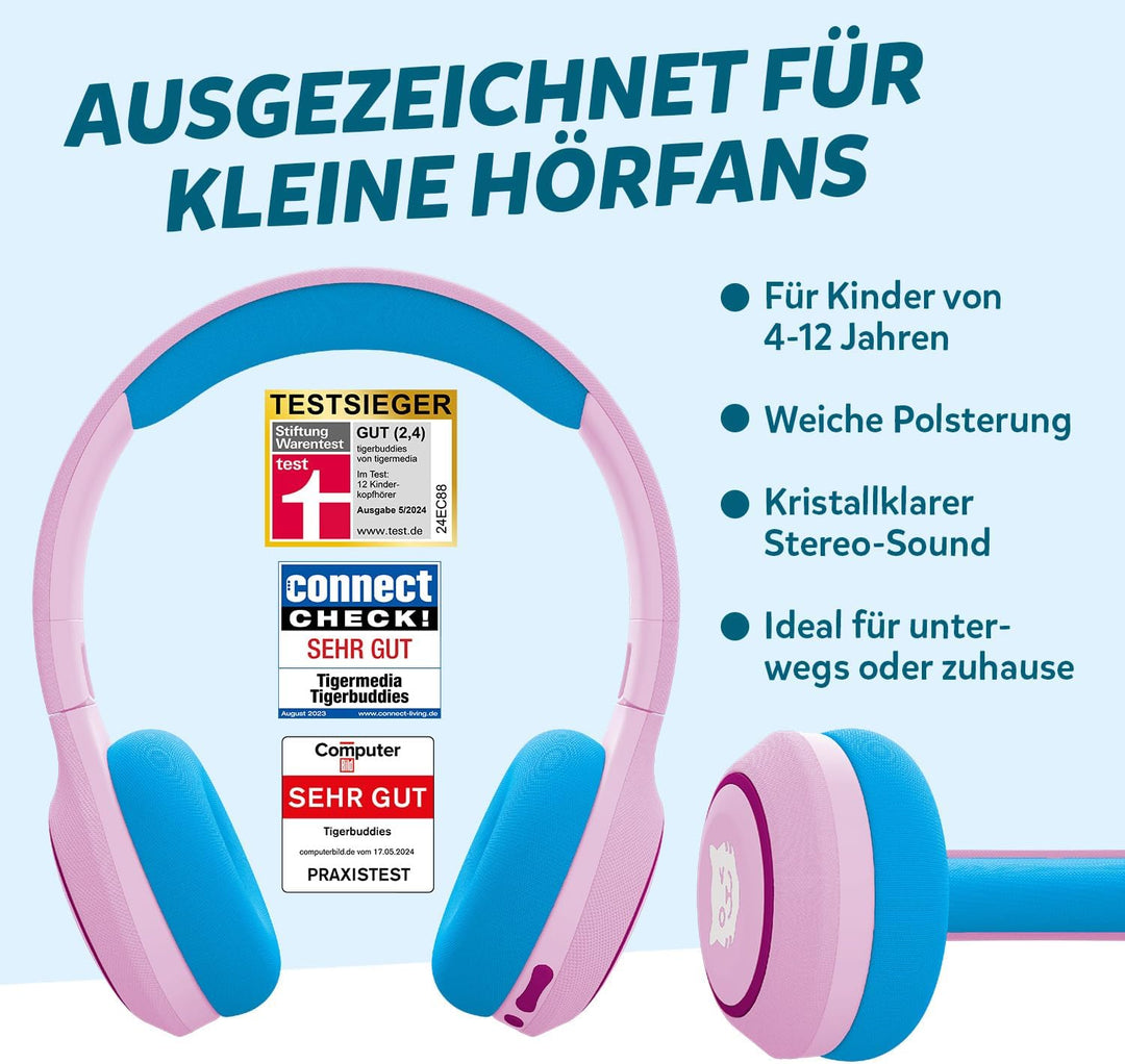tigermedia tigerbuddies Bluetooth Kopfhörer Kinder | Faltbare Kinder Kopfhörer ab 4 Jahren | Mit Lau