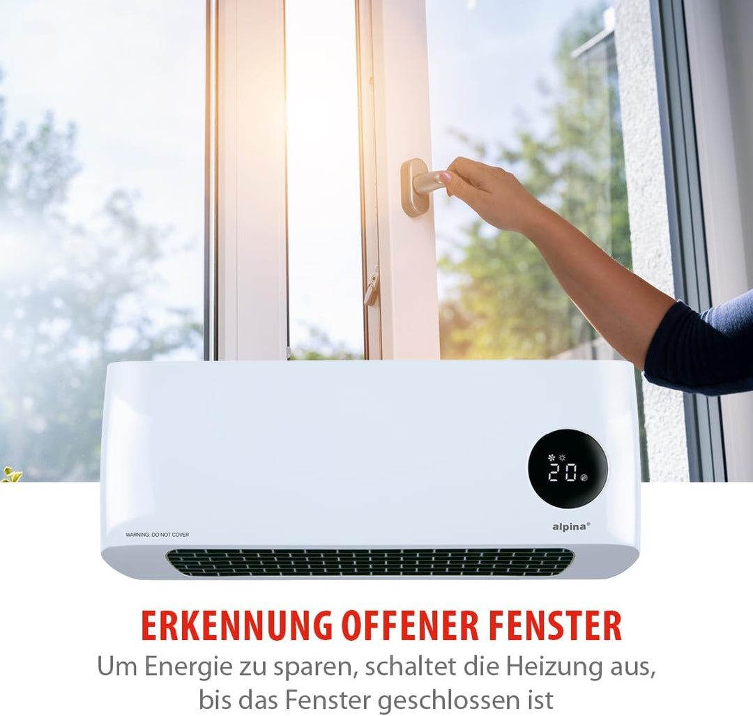alpina Wand Heizlüfter 2000W – Keramik Heizstrahler mit 2 Leistungsstufen und Timer – Digital Thermo