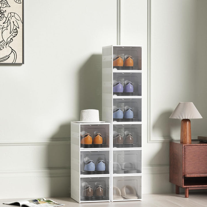Faltbare Schuhboxen 3er Set, Stapelbar & Platzsparend, Transparente Klapptür, Stabiler Kunststoff Sc