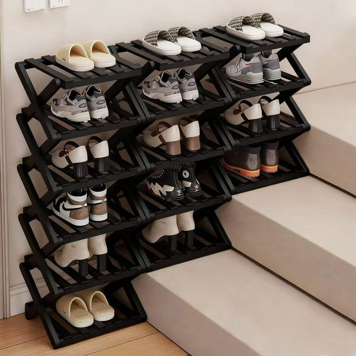 Kleines Schuhregal, schwarz, 5 Etagen, Bambus, faltbar, Schuh-Organizer, freistehendes Regal für Ein
