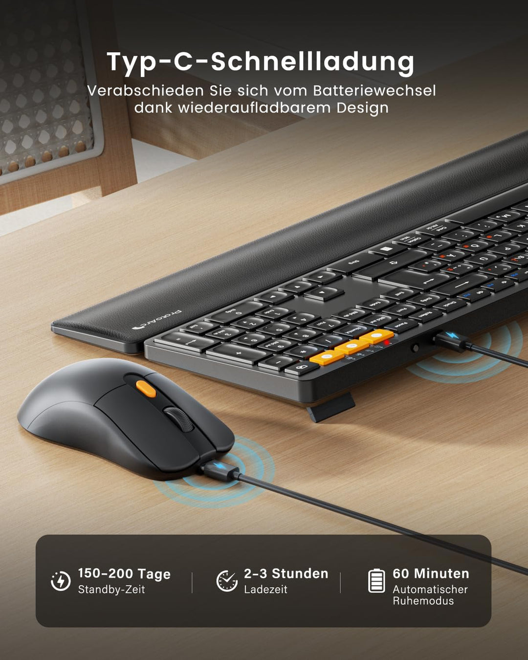 ProtoArc Kabellos Tastatur Maus Set, KM60 Full-Size Bluetooth Tastatur und Maus mit Handballenauflag