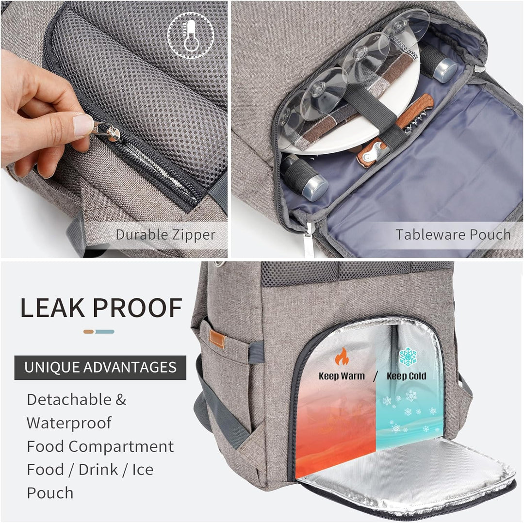 HappyPicnic Insulated Picknickrucksack für 4 Personen mit komplettem Geschirrset, geräumigem Kühlfac