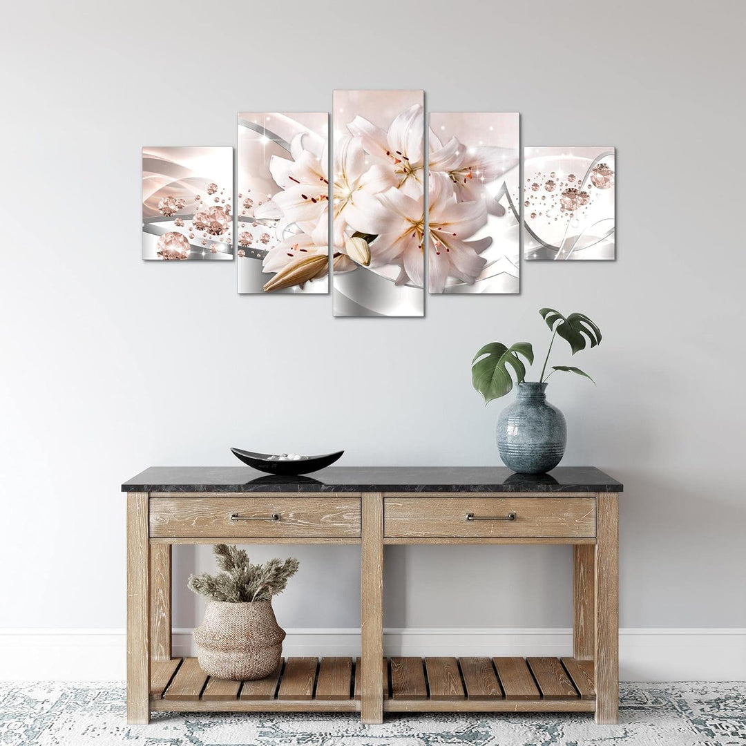 Runa Art Wandbilder Blumen Lilien 5 Teilig Bild auf Vlies Leinwand Deko Wohnzimmer Diamant Beige Gra