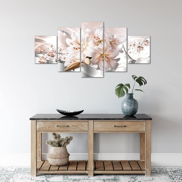 Runa Art Wandbilder Blumen Lilien 5 Teilig Bild auf Vlies Leinwand Deko Wohnzimmer Diamant Beige Gra