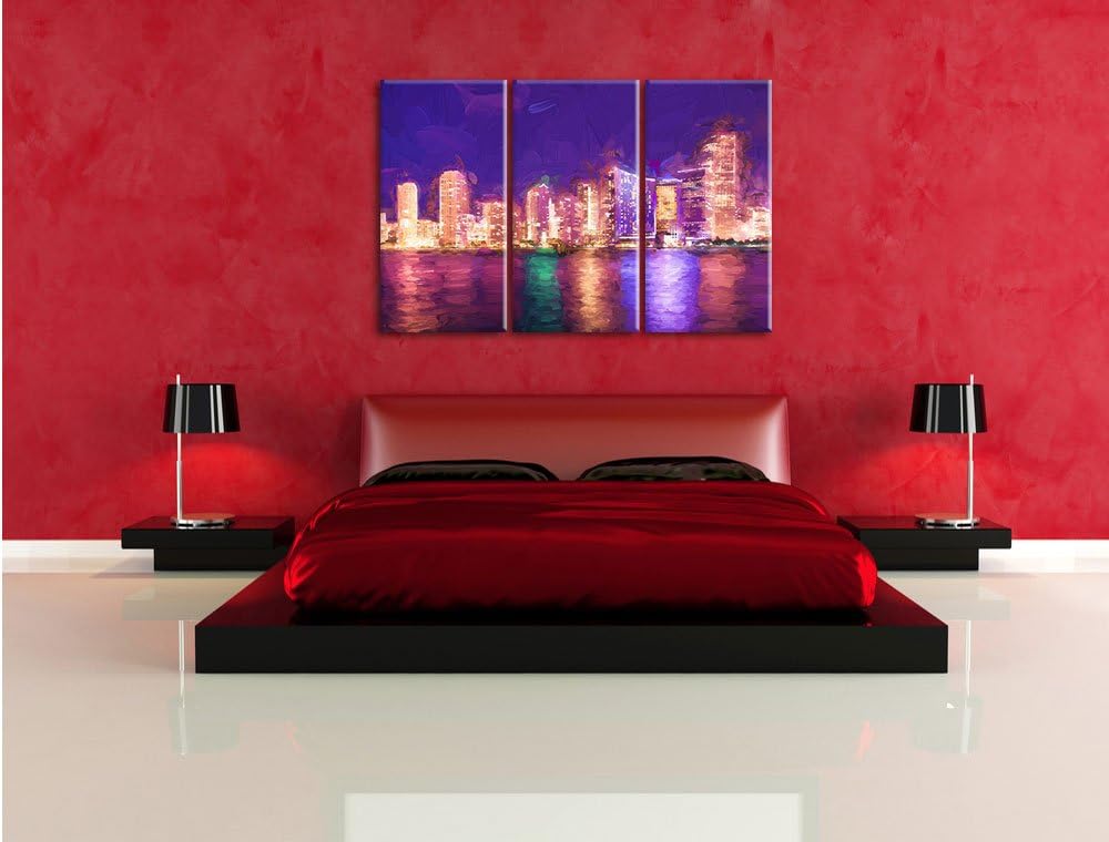 Pixxprint Schöne Nacht-Szene Skyline von Miami Florida Kunst Pinsel Effekt 3-Teiler Leinwandbild 120