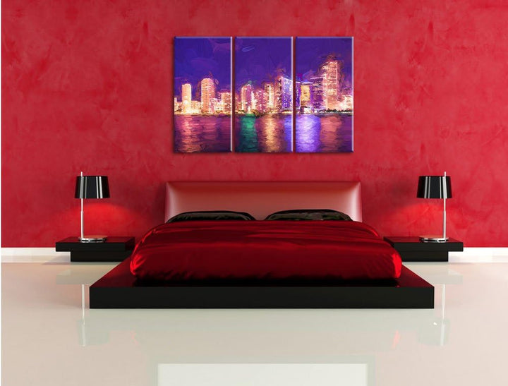 Pixxprint Schöne Nacht-Szene Skyline von Miami Florida Kunst Pinsel Effekt 3-Teiler Leinwandbild 120
