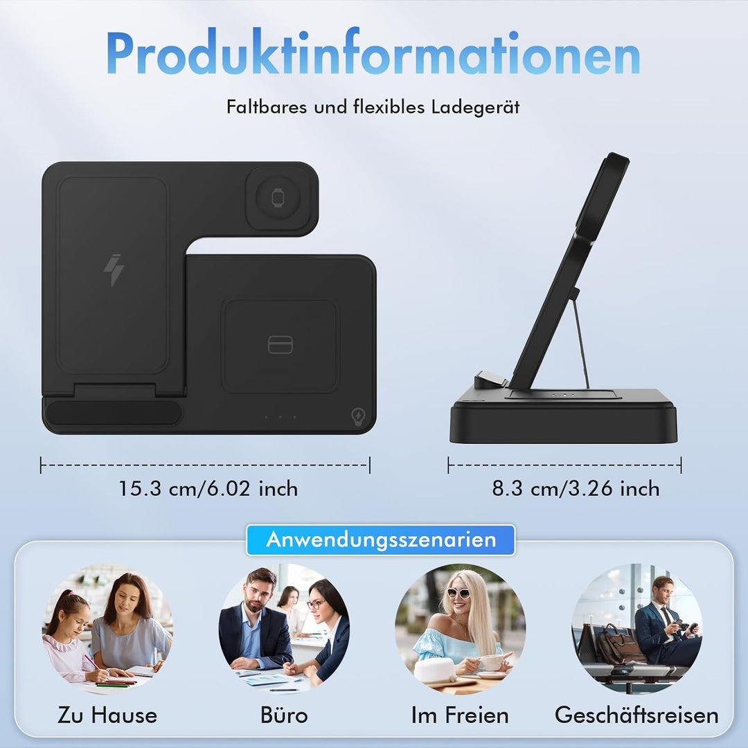 3 in 1 Ladestation Kabellos, 15W Schnellladegerät Wireless Charger für iPhone 17 Pro Max Plus 16 15