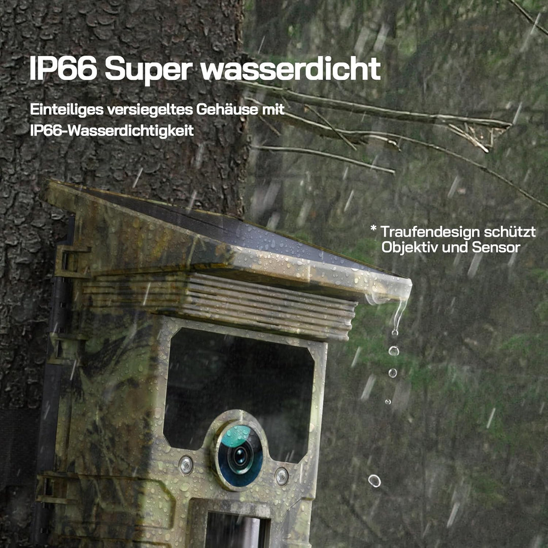 WOLFANG Solar Wildkamera 4K 46MP, WLAN Bluetooth Jagdkamera mit hervorragender Nachtsicht, Duale Str