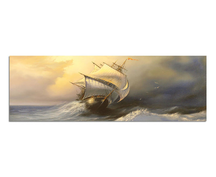 Paul Sinus Art Panoramabild auf Leinwand und Keilrahmen 150x50cm Meer Sturm Wellen Segelschiff