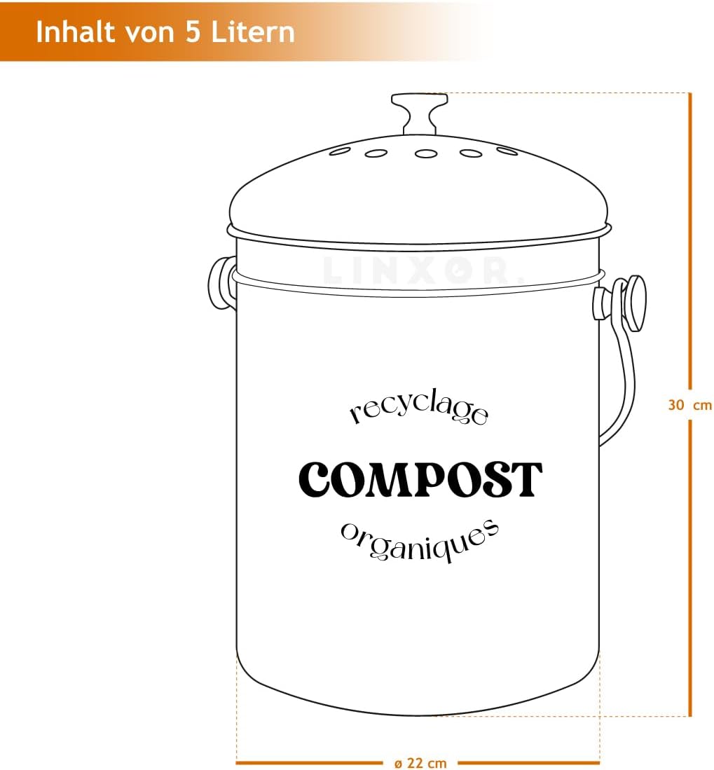 Linxor - Komposter, Behälter, Mülleimer für Küchenkompost 5L rund aus Edelstahl Grau Einzigartig, Gr