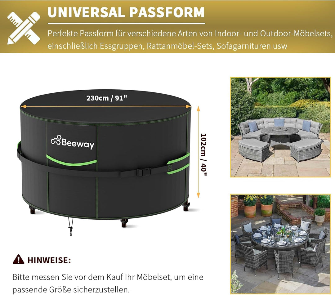 BEEWAY Gartenmöbel Abdeckung Wasserdicht V2.0 Φ230x102cm Rund, Schutzhülle Abdeckplane für Gartentis