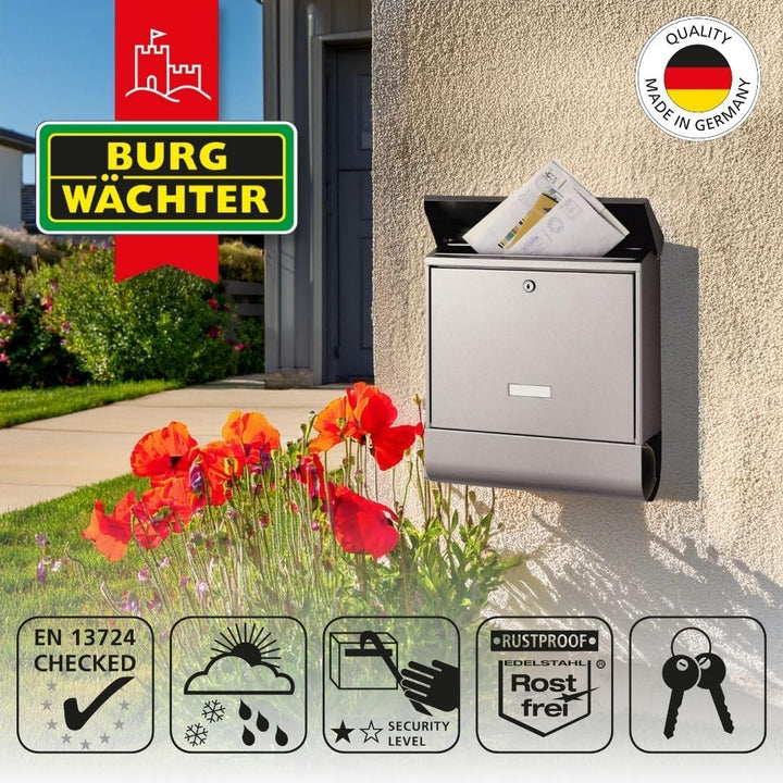 BURG-WÄCHTER Briefkasten mit Zeitungsfach und Namensschild, Rostfreier Edelstahl, Einwurf-Format DIN