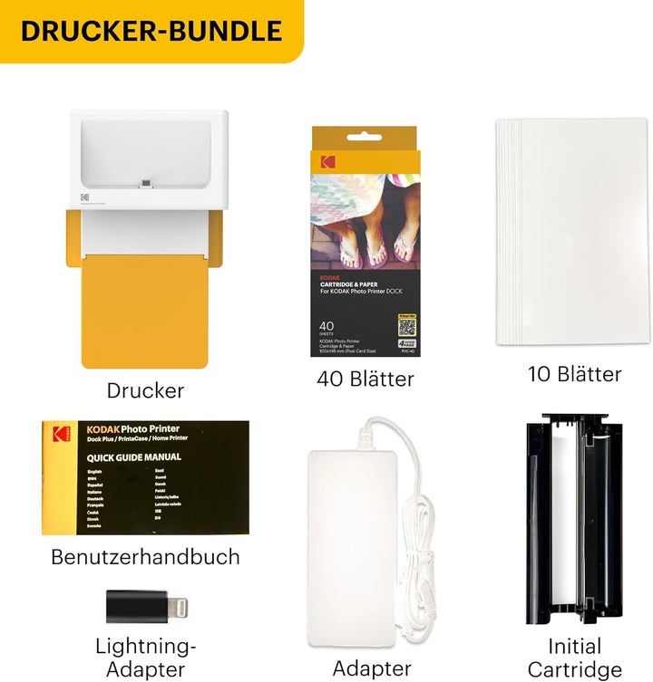 KODAK Dock Plus 4Pass-Fotodrucker (10 x 15 cm) + Paket mit 90 Blatt Fotopapier Imprimante + Paquet a