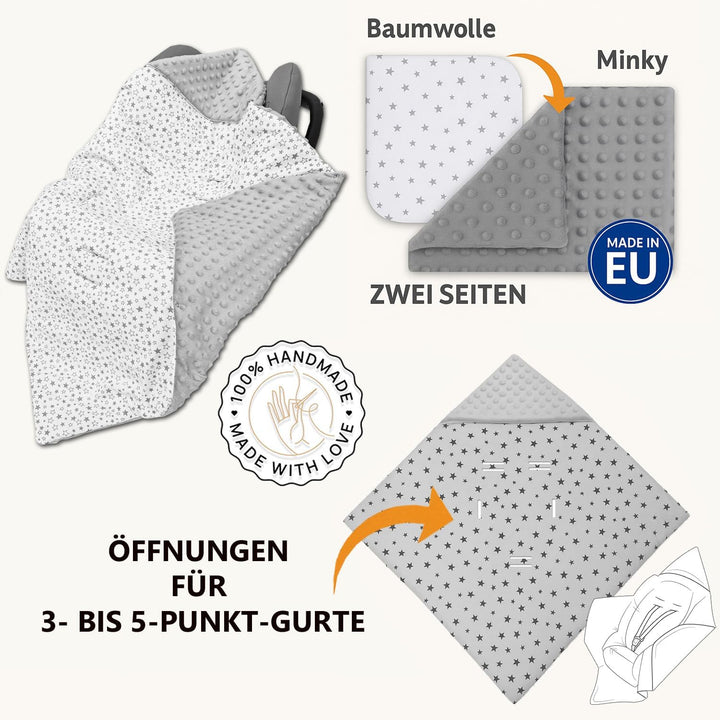 Baby Einschlagdecke Doppelseitig 86x86 cm Minky-Plüsch für Kinderwagen und Babybett (Blau Minky-Sege