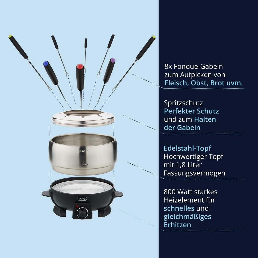 KHG Elektro-Fondue FO-800SE mit Edelstahl-Topf 1,8 L Silber für bis zu 8 Personen, variable Temperat