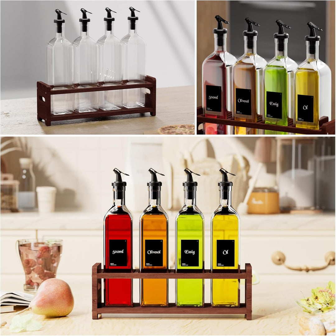 Ölflasche mit Dunkel Holzständern 500ml,4pcs Glasflaschen,Olivenöl spender mit Trichter,Essig und Öl