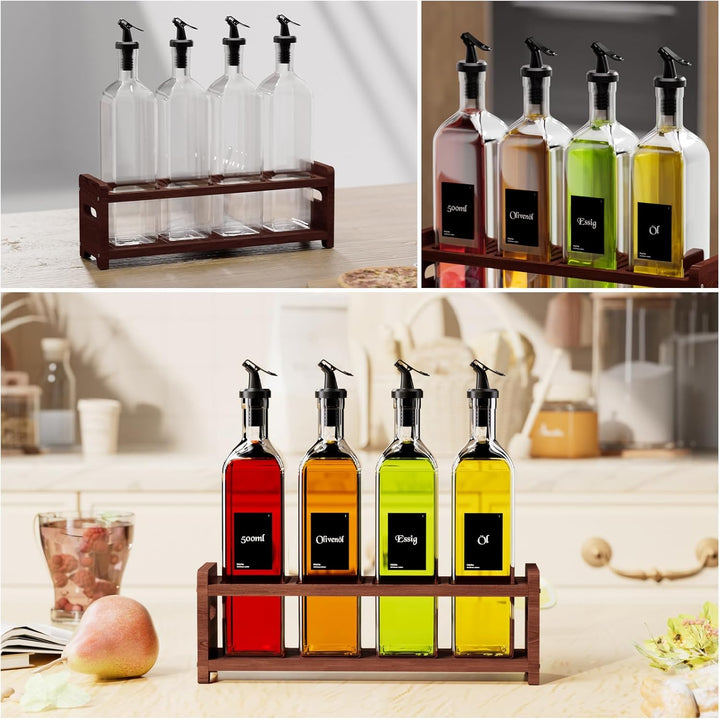 Ölflasche mit Dunkel Holzständern 500ml,4pcs Glasflaschen,Olivenöl spender mit Trichter,Essig und Öl