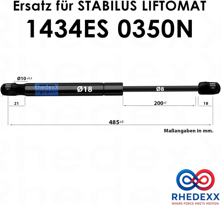 Gasdruckfeder RhedexX® IT768G 0350N Gasdruckdämpfer mit M8 Kugelpfanne Winkelpfanne 485mm/200mm/350N