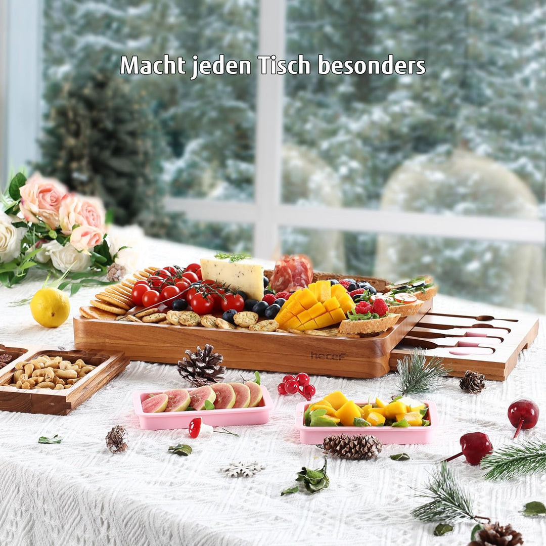 hecef Käseplatte Holz, Grosses käsebrett mit messern, Dessertgabeln, 2 Magnet-Schubladen & rosa Sili