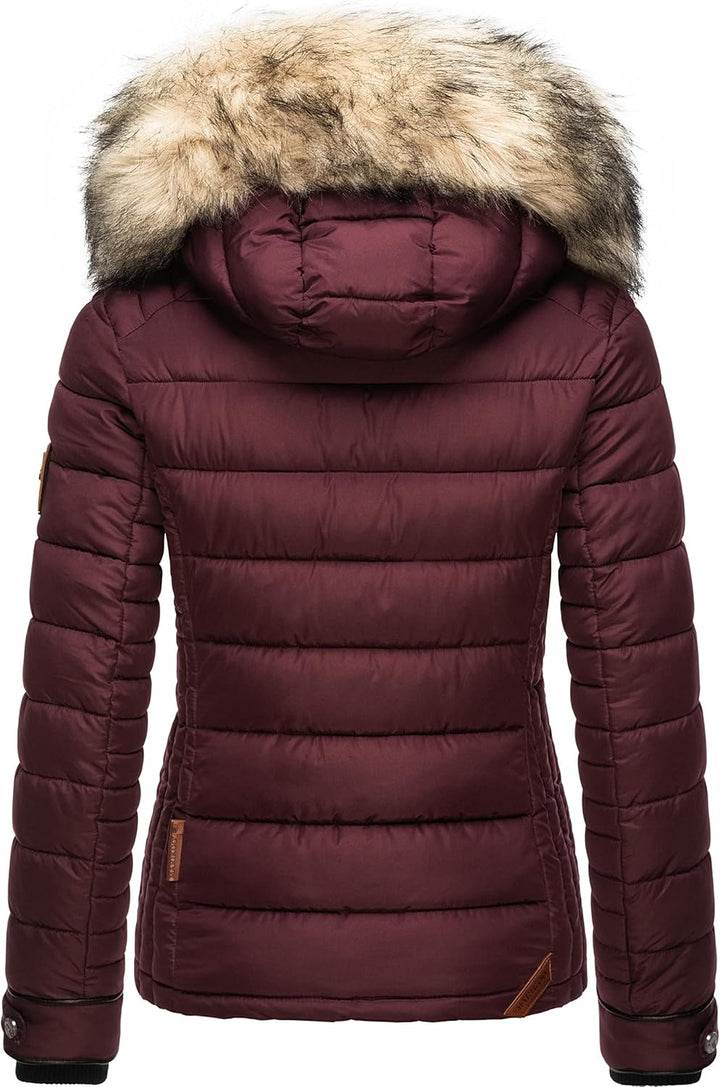 MARIKOO Damen Winterjacke Steppjacke mit abnehmbarem Kunstfell Lerikaa XS-3XL L Wine, L Wine