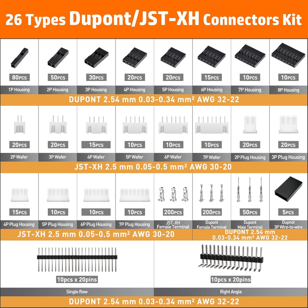 PEBA Crimpzange Dupont Stecker Set, Crimpzange für Miniaturstecker, 26 Stile 2,54mm Dupont und JST-X