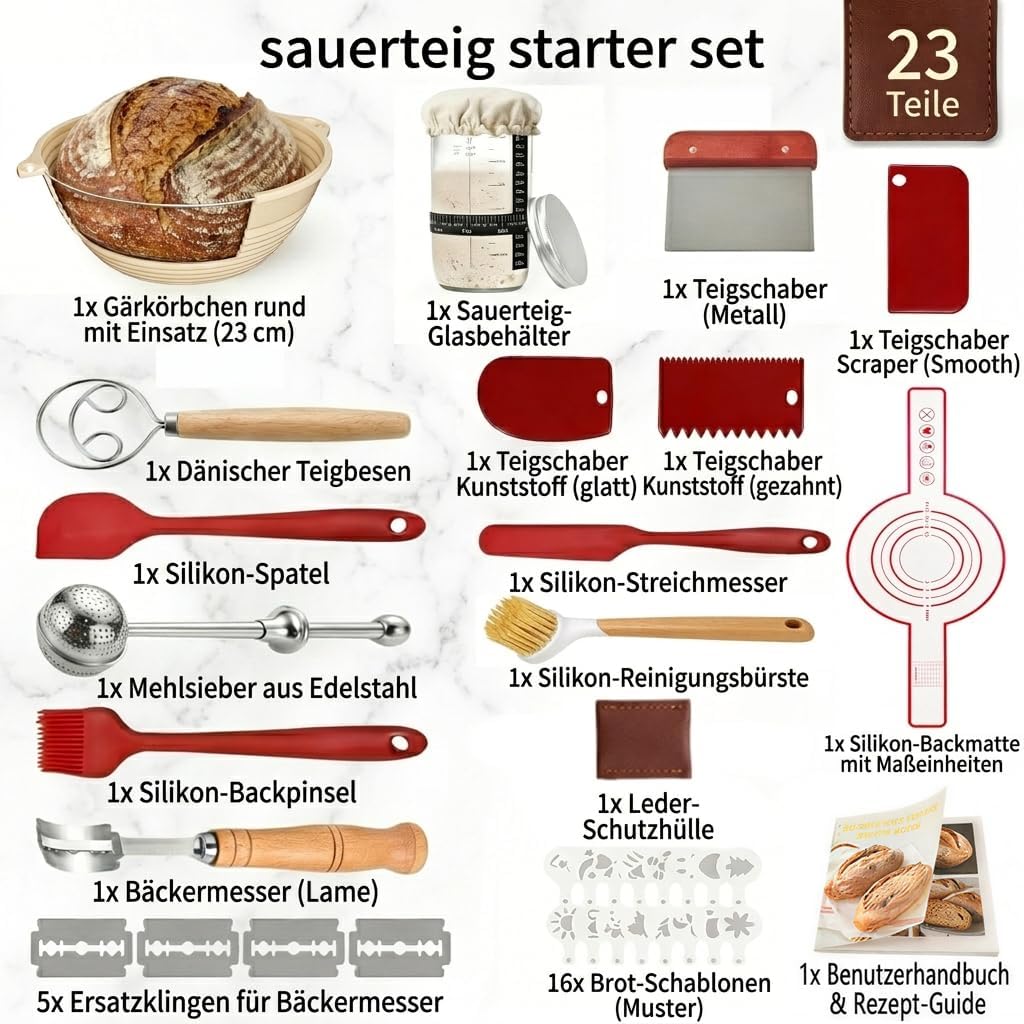 Sauerteig Starter Set, Brot backen Zubehör 23 teilig, Gärkorb Brot Rund 23cm, Brotkorb zum Backen, B