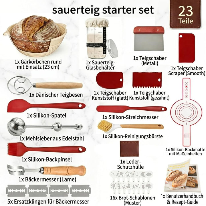 Sauerteig Starter Set, Brot backen Zubehör 23 teilig, Gärkorb Brot Rund 23cm, Brotkorb zum Backen, B