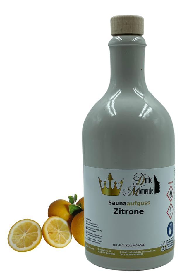 Dufte Momente | Sauna Aufguss Konzentrat Zitrone 500ml | weisse Steinzeugflasche mit Korkmündung | m