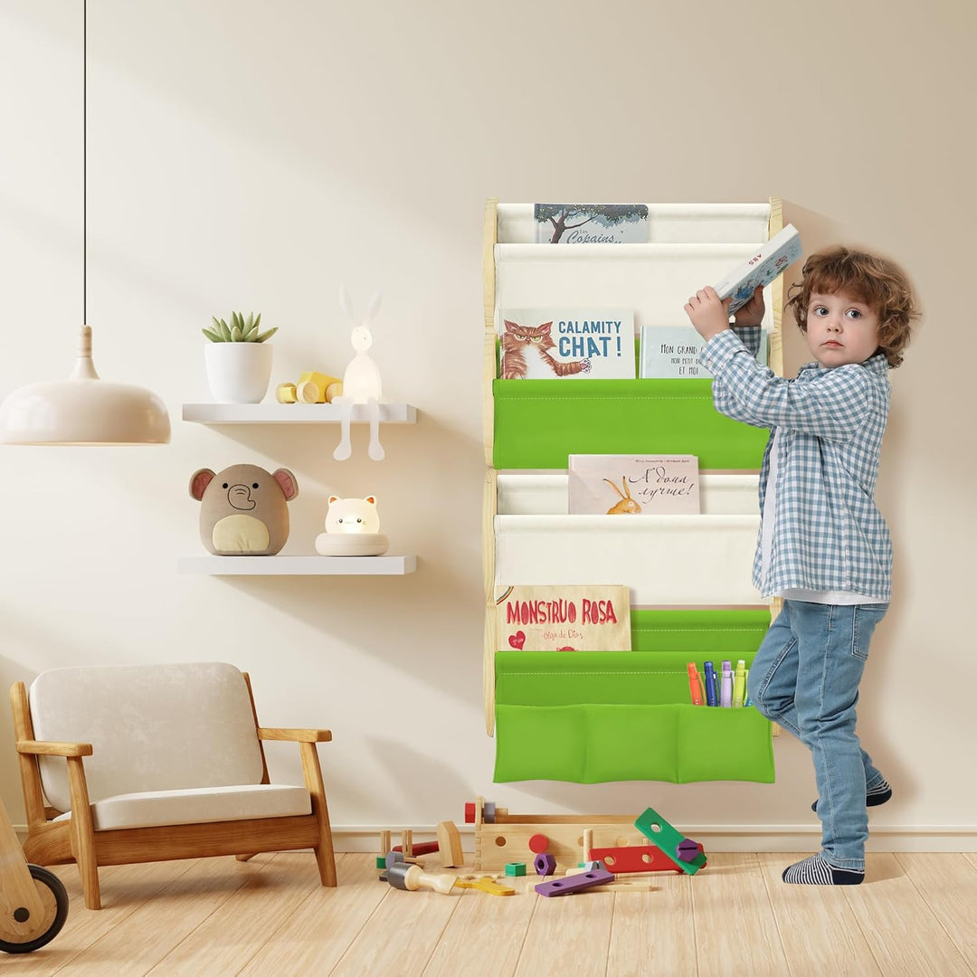 Bücherregal Kinder Wand Kinderbücherregal Montessori mit 4 Ablagen & 3 Taschen Kinderregal Wandregal