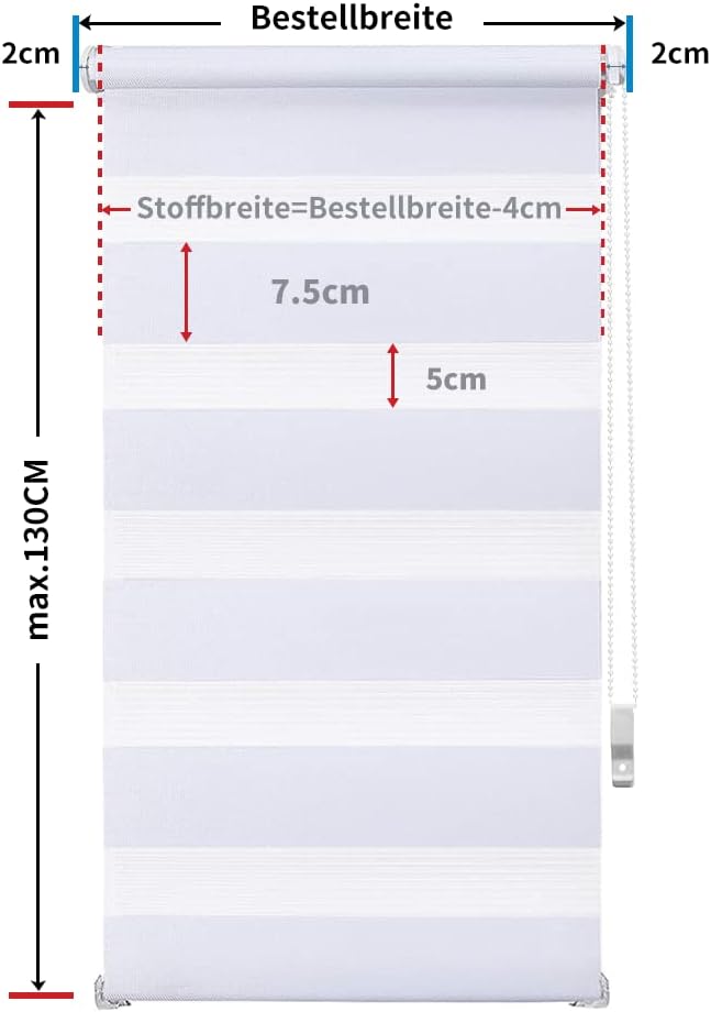 OBdeco Doppelrollo Duo Rollo Klemmfix ohne Bohren B100cm x H130cm(Stoffbreite 96 cm) Weiss für Fenst
